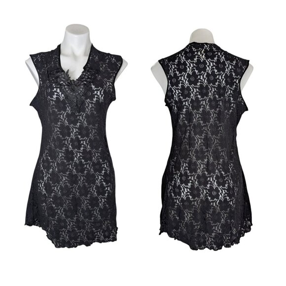 VTG Black Floral Lace Sheer V Neck Mini Slip Dress - Picture 10 of 10